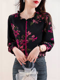 Rose Red Lily Print Ruffled Collar Long Sleeve Shirt for Ladies