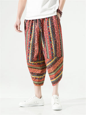 Men's Thai Style Ethnic Print Lace Up Cropped Pants