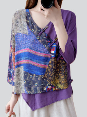 V Neck Irregular Retro Patchwork Linen Shirts for Women