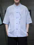 Traditional Chinese Clothing Male Knot Button Stripe Shirts