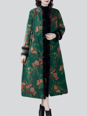 Women's Luxury Faux Fur Stand Collar Button Flower Print Long Coat