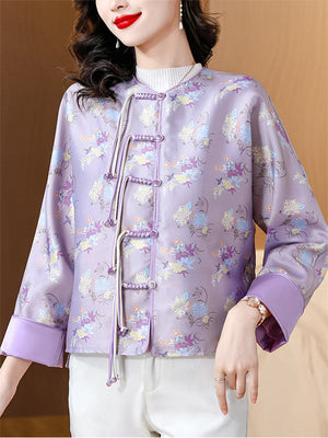 Women's Elegant Tassel Button Chrysanthemum Print Jacket