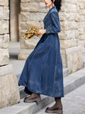 Ladies Vintage Embroidery V-Neck Side Slit Denim Dress