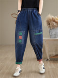 Female Two-color Patch Elastic Waist Spring Summer Jeans