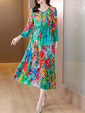 Ladies Temperament Silky V-neck Print Dresses