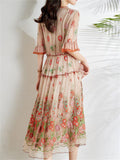 Ladies Popular Floral Embroidered V-Neck Ruffle Dress