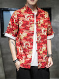 Men's Fashion Short-Sleeved Loong Printed Tang Suit Shirt