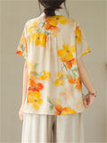 Elegant Daisy & Orange Print Lapel Pleated Shirt for Women