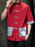 Men's Ethnic Printed Patch Pocket Half Sleeve Tang Suit Shirt