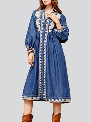 Women's Ethnic Style V Neck Puff Sleeve High-Rise Denim Dress