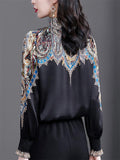 Women's Elegant Print Round Neck Puff Sleeve Black Shirt