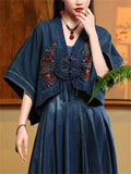 Ethnic Floral Embroidery Female Half Sleeve Denim Jacket