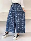 Retro Polka Dot Print Blue Wide Leg Pants for Women