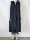 Female Simple Cotton Crew Neck Sleeveless Pleated A-Line Dress