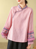 Women's Embroidery Stand Collar Cotton Linen Long Sleeve Shirt