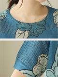 Casual Blue Lotus Print Cozy Linen T-shirts for Women