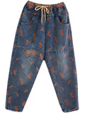 Women's Orange Feather Chic Splicing Blue Denim Pants