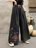 Ethnic Style Peony Embroidery Women's Wide Leg Jeans