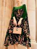 Women's Noble Green Square Neck Floral Print Velour Dresses