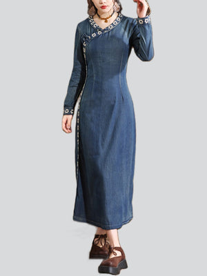 Women's Long Sleeve Modified Cheongsam Denim Dress