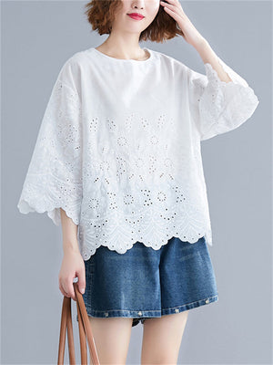 Summer Elegant Hollow Out Design Cozy Half Sleeve Shirt for Women