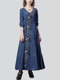 Classic Embroidered Denim Cheongsam Dress for Ladies