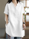 V Neck Short Sleeve Pullover Relaxed Linen Shirt for Female