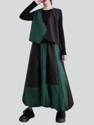 Casual Black Green Contrast Color Lace Up Vest + Lantern Skirt