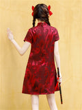 Wine Red Mini Qipao with Ancient Loong Jacquard