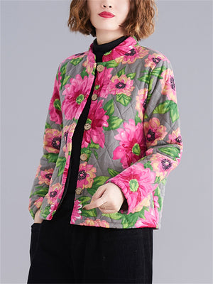 Female Sunflower Print Vivid Stand-up Collar Quilted Coat