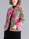 Female Sunflower Print Vivid Stand-up Collar Quilted Coat