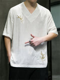 Men's Casual Cozy Smooth Leaf Embroidery Short Sleeve Shirt