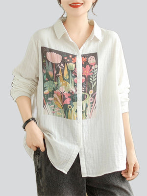 Flowers Print Long Sleeve Turn-down Collar Shirt for Ladies