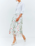 Spring Floral Leaf Embroidery Elegant Mesh Skirt for Lady