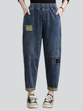 Women's Literary Elastic Waist Patchwork Jeans