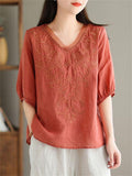 Female V-neck Short-sleeved Embroidered Shirt