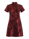 Wine Red Mini Qipao with Ancient Loong Jacquard