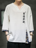 Chinese Style Hanzi Embroidery Men's V Neck Patchwork Shirt