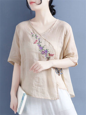 Elegant Retro Mini Floral Embroideried V Neck Shirt for Women