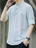 Men's Striped Stand-up Collar Half Button Shirt