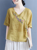 Elegant Retro Mini Floral Embroideried V Neck Shirt for Women