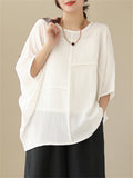 Women's Elegant Round Neck Batwing Sleeve Linen Shirt