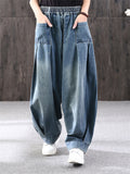 Solid Baggy Elastic Waist Jeans for Ladies