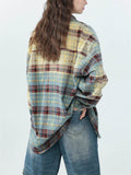 Spring Retro Contrast Color Plaid Long Sleeve Shirt for Women