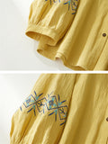 Women's Ethnic Embroideried Lantern Sleeve Stand Collor Button Linen Shirt