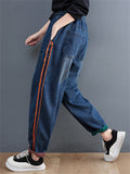 Lady Contrast Color Slim Distressed Denim Harem Pants