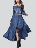 Women's Off-shoulder Pocket Denim Dress with Embroidered Belt