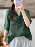 Female Summer V Neck Embroidered Breathable Shirts