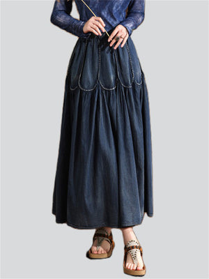 Women's Summer Vintage Style Splicing Elastic Waist Blue Denim Skirt