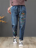 Female Leisure High-Rise Drawstring Embroidery Washed Denim Pants